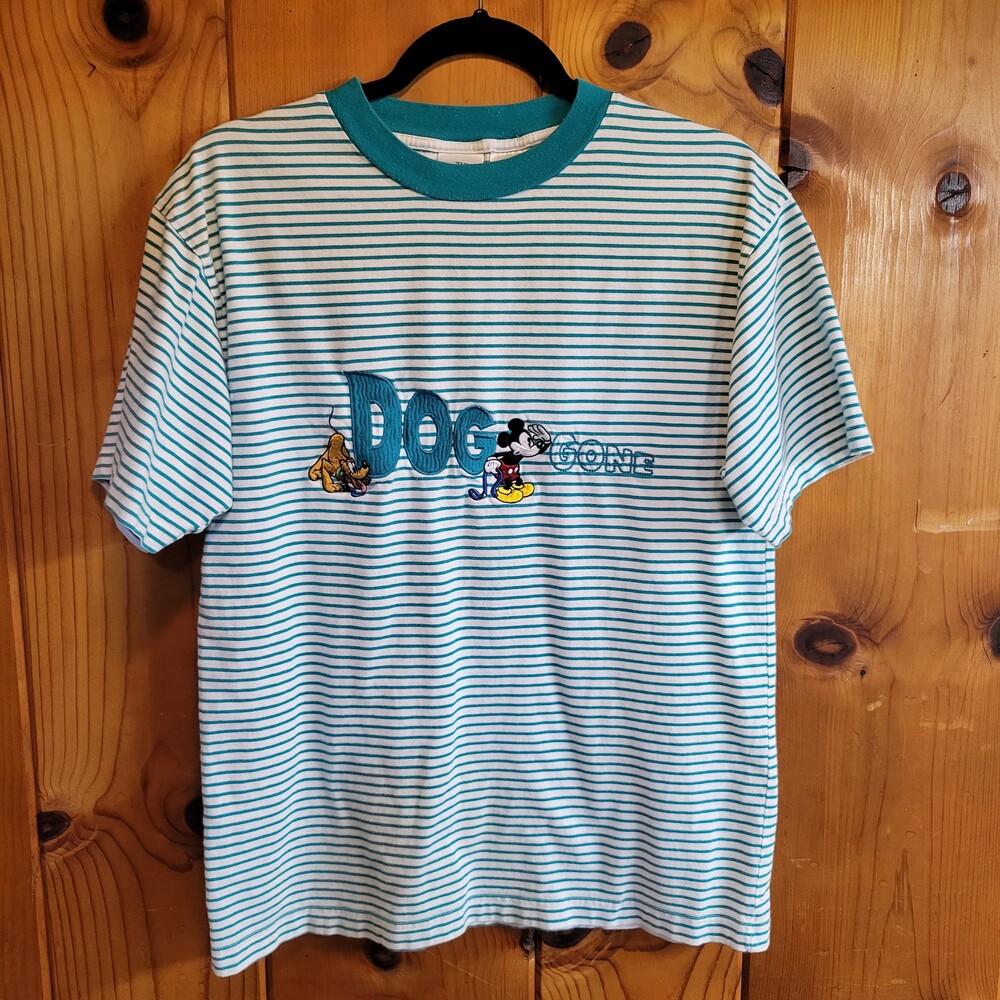 90s vintage Disney medium Teal White Striped Cotton Short Sleeve Crew Neck T-Shi